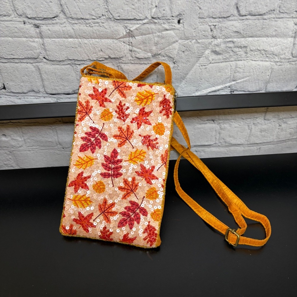 Bamboo Trading Company Beaded Autumn Leaf Crossbody Phone Bag Orange Fall